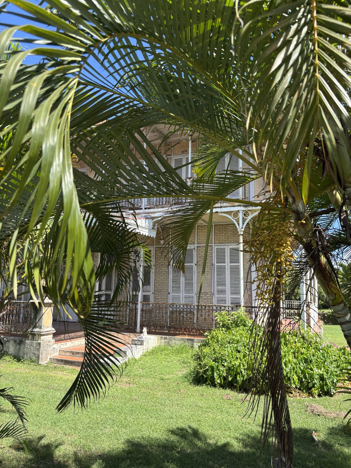 Approche d’un bâtiment ancien à persiennes à travers un jardin en Guadeloupe